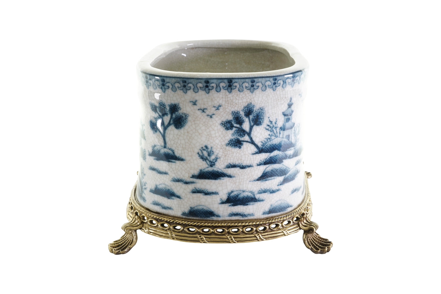 Oval Crackle Blue and White Blue Willow Porcelain Flower Pot Brass Ormolu 7.5"