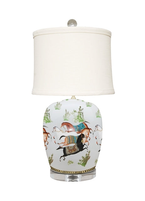 Beautiful Unique Horses Motif Porcelain Ginger Jar Table Lamp 27"