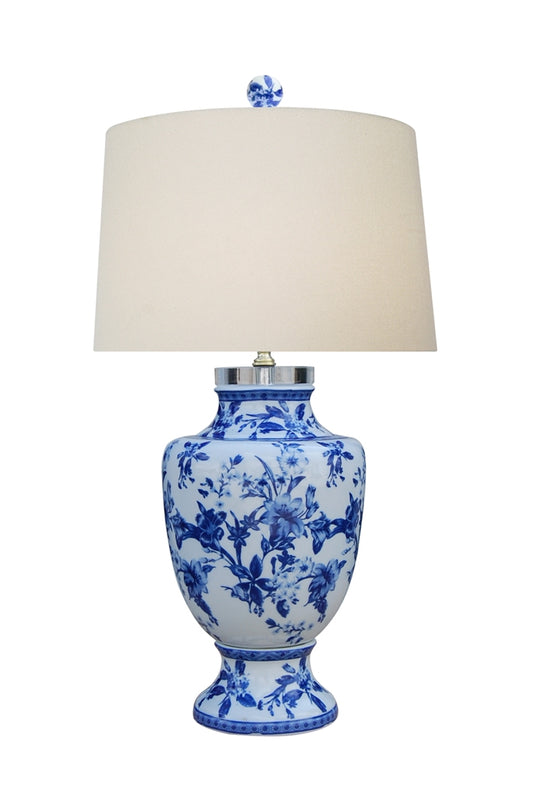 Blue and White Grand Floral Porcelain Lamp 25"