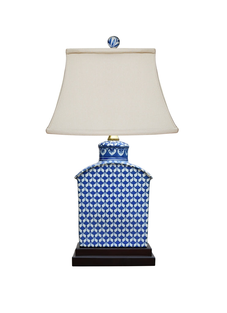 Blue and White Geometric Porcelain Tea Caddy Jar Lamp 17.5"