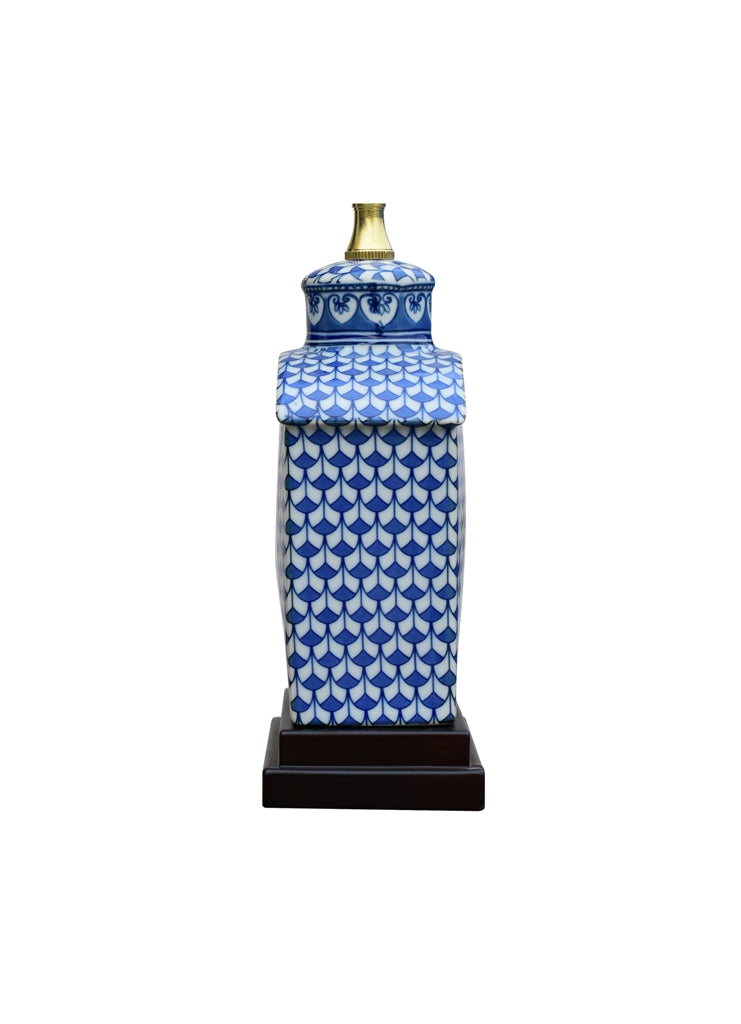 Blue and White Geometric Porcelain Tea Caddy Jar Lamp 17.5"