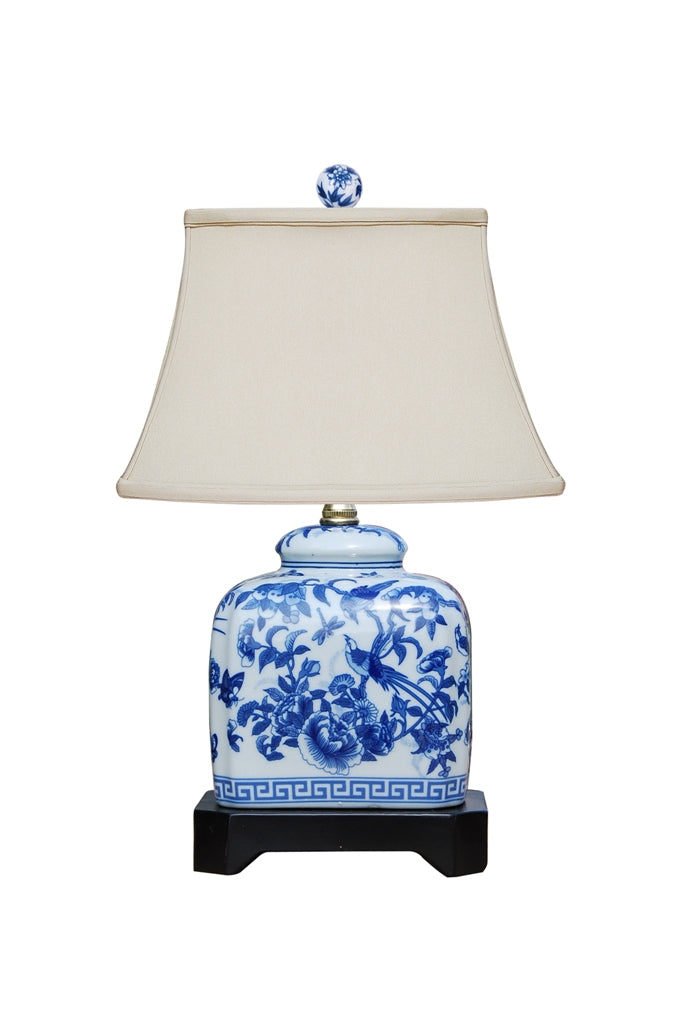 Floral Bird Square Box Porcelain Table Lamp 16"