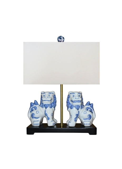 Porcelain Blue and White Foo Dog Lamp 22"