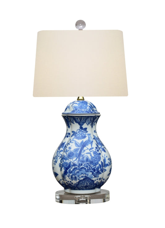 Blue and White Floral Bird Oval Jar Vase Lamp 22"