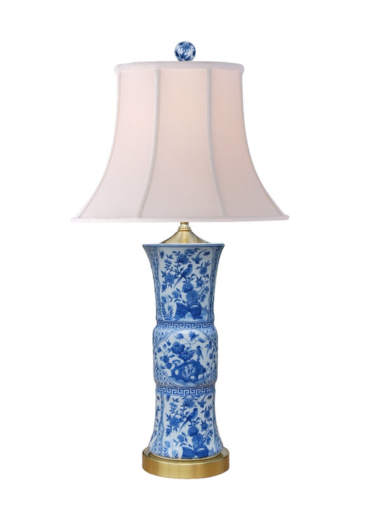 Blue and White Drum Vase Floral Porcelain Table Lamp 29"