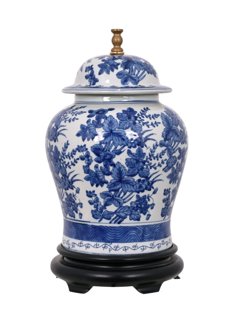 Blue and White Floral Motif Porcelain Temple Jar Table Lamp 29"