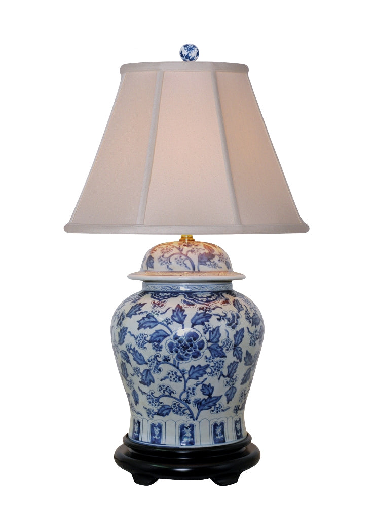 Blue and White Floral Motif Porcelain Temple Jar Table Lamp 29"