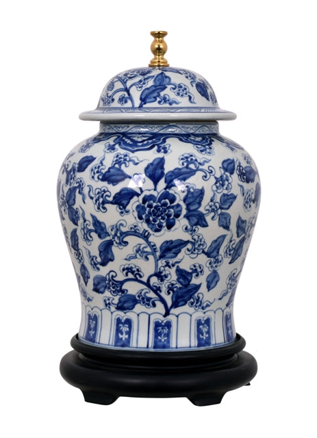 Blue and White Floral Motif Porcelain Temple Jar Table Lamp 29"
