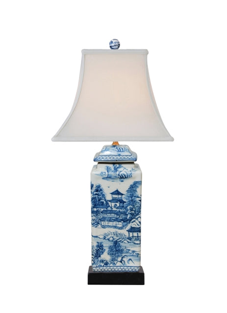 Beautiful Chinese Blue and White Blue Willow Porcelain Temple Jar Table Lamp 22"