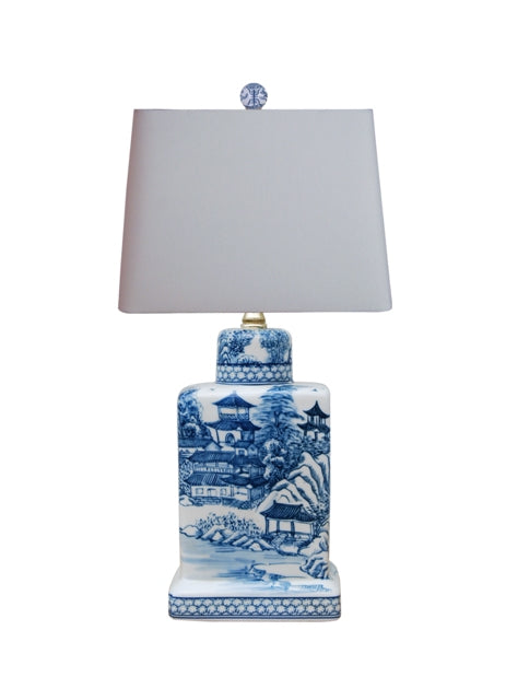 Blue and White Blue Willow Porcelain Tea Caddy Jar Table Lamp 17"