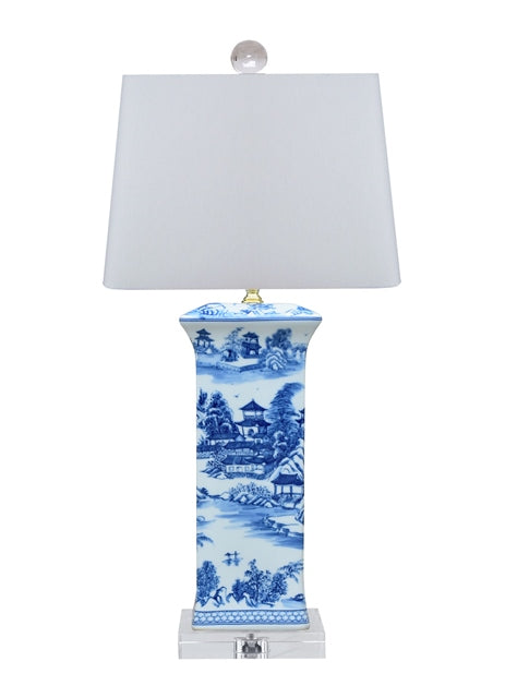 Square Vase Blue and White Blue Willow Porcelain Table Lamp 27.5"