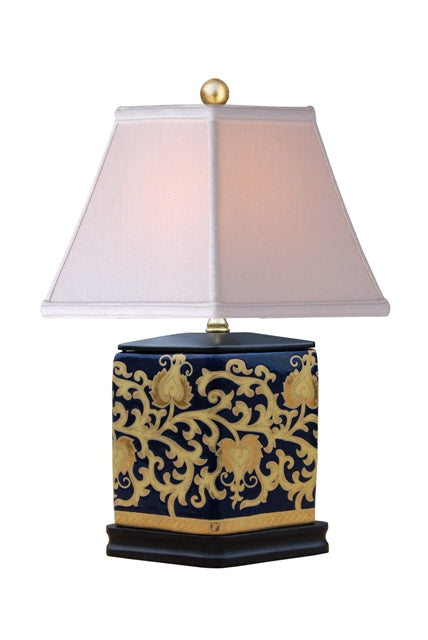 Navy and Gold Tapestry Porcelain Vase Lamp 17"