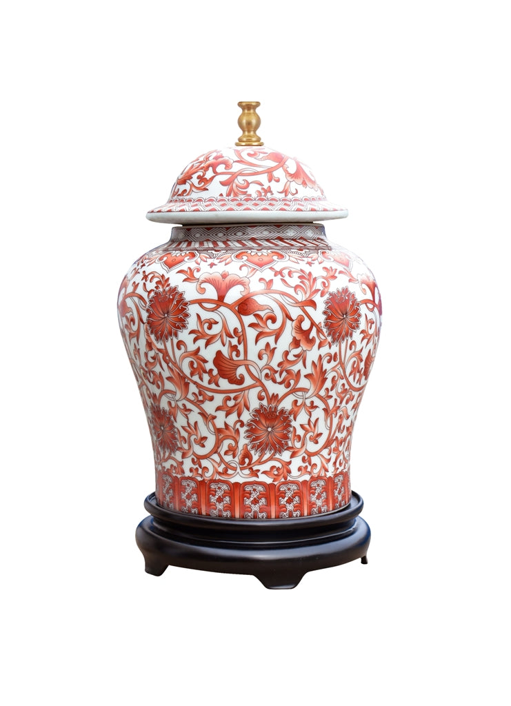 Beautiful Oriental Porcelain Orange And White Ginger Jar Lamp Lotus Pattern 29"