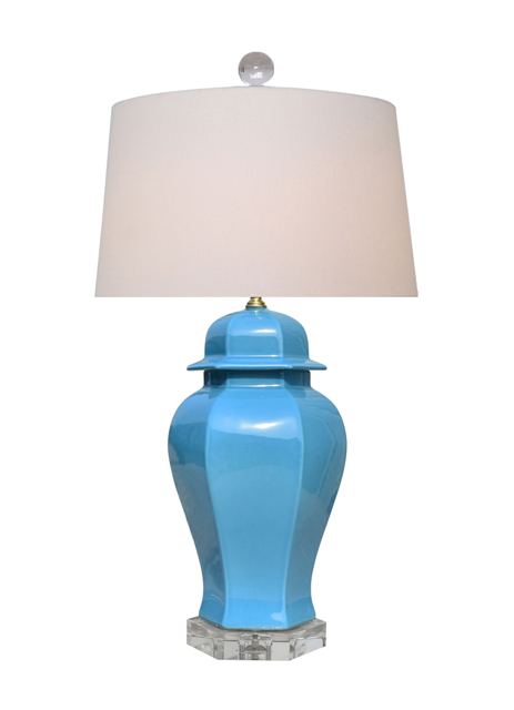 Beautiful Blue Porcelain Hexagonal Temple Jar Table Lamp 26"