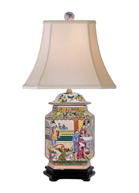 Oriental Chinese Porcelain Rose Canton Hexagonal Temple Jar Table Lamp 25"