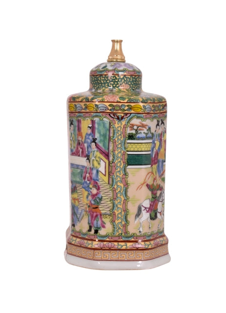 Beautiful Rose Canton Pattern Porcelain Tea Caddy Table Lamp 20"