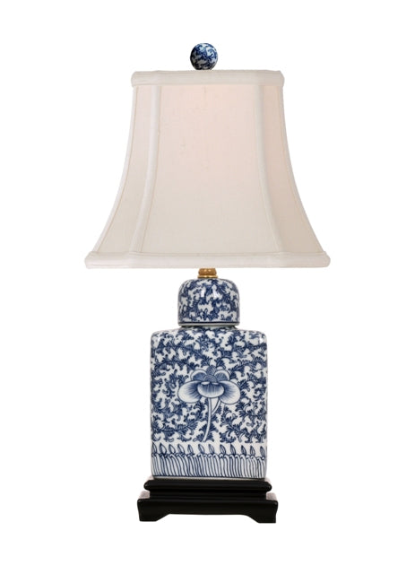 Blue and White Chinoiserie Floral Twisted Lotus Porcelain Jar Table Lamp 15"