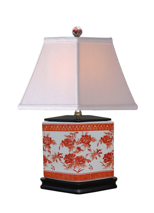Orange Floral Diamon Shaped Vase Porcelain Lamp 17"