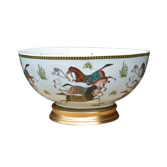 Chinese Horse Porcelain Bowl 14" Diameter with Gold Leaf Base