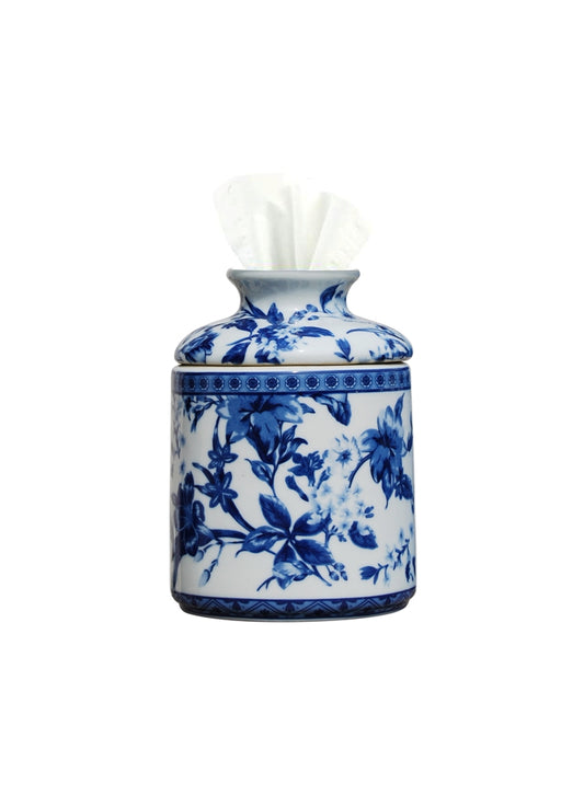 Blue and White Flora Porcelain Tissue Roll Holder 7"