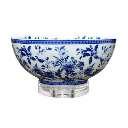 Blue and White Floral Motif Porcelain Bowl 14" with Crystal Base