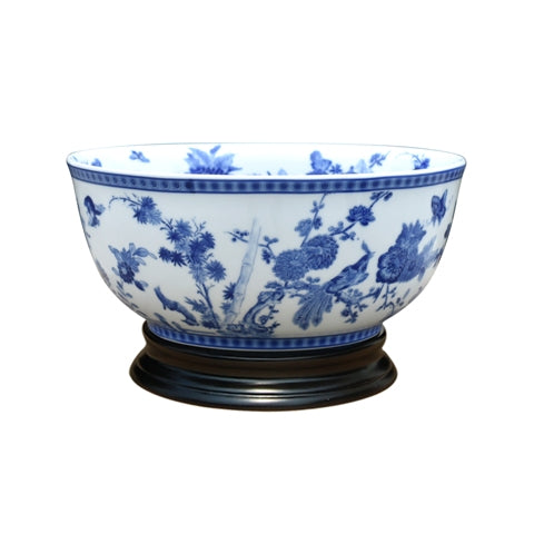 Blue and White Porcelain Floral Bird Motif Bowl 14"