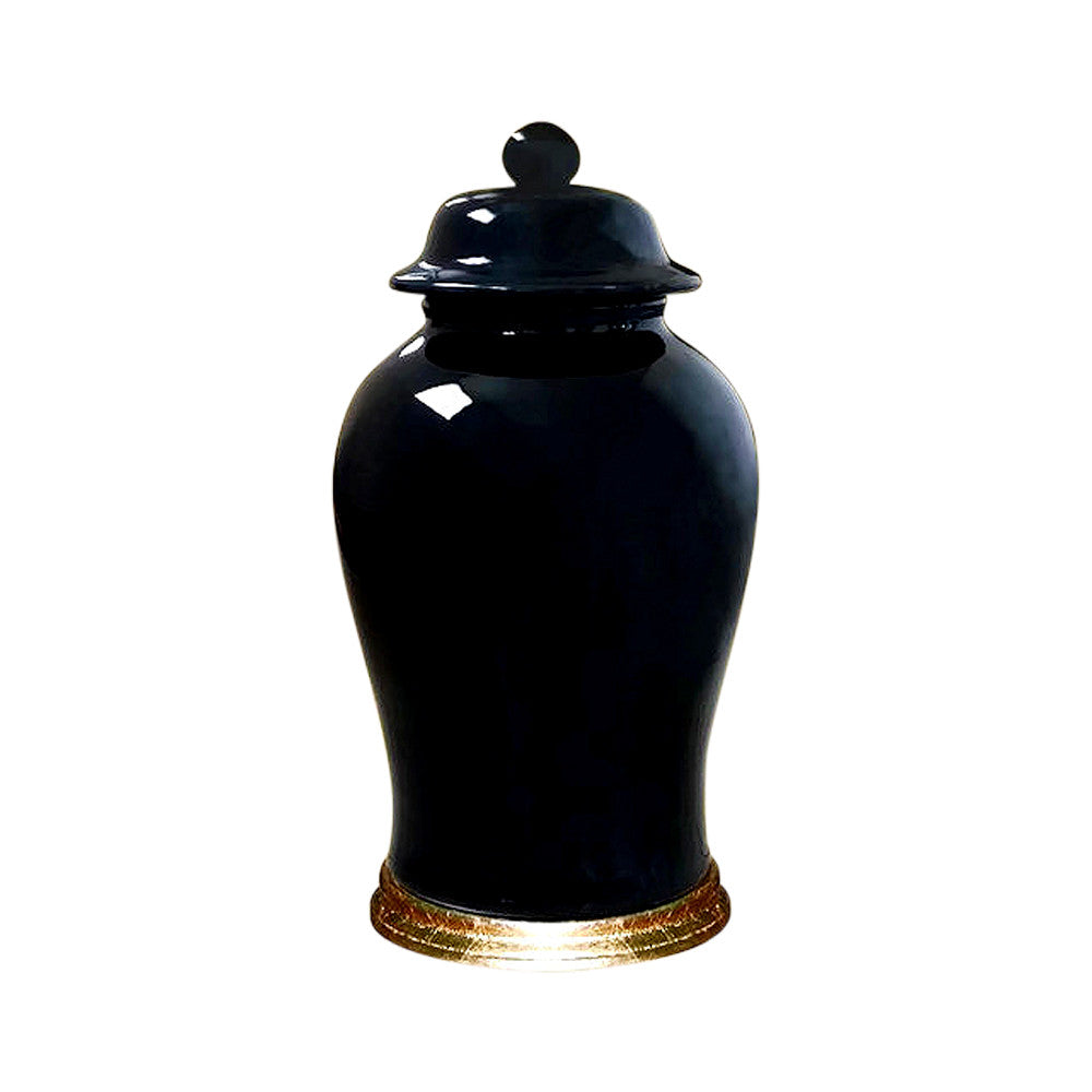 Beautiful Chinese Porcelain Black Temple Jar with Gold Leaf Wooden Stand 19"