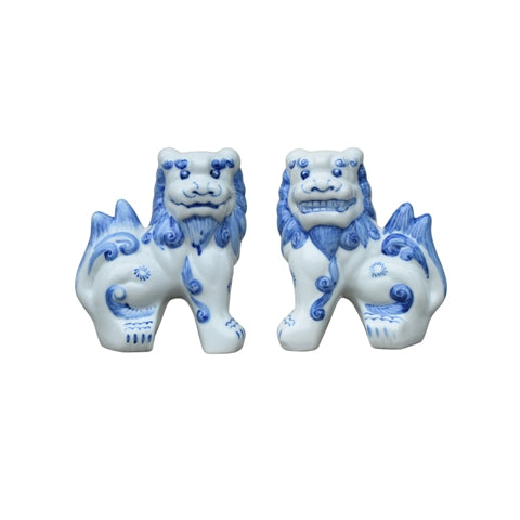 Blue and White Porcelain Foo Dog Set 6"