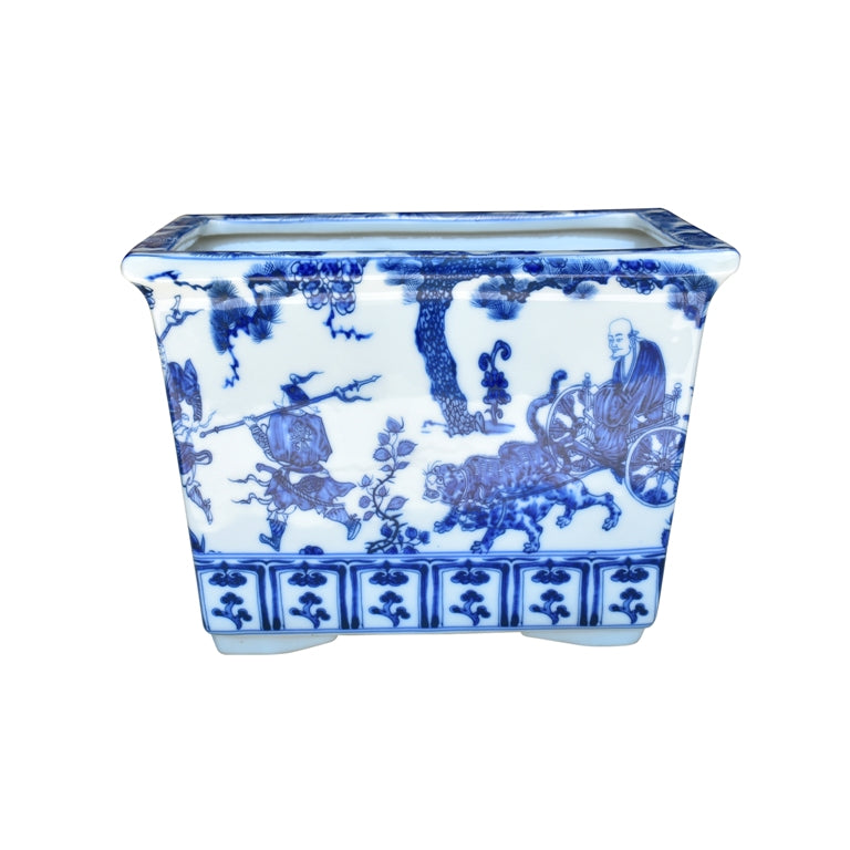 Blue and White Army Motif Porcelain Rectangular Cachepot
