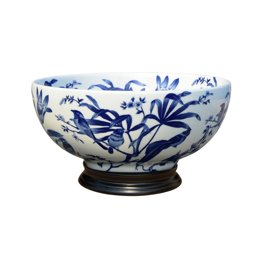 Blue and White Porcelain Bowl Floral Bird Motif 12"