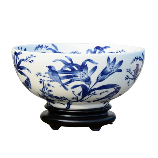 Chinese Blue and White Floral Bird Pattern Porcelain Bowl w Base 14" Diameter