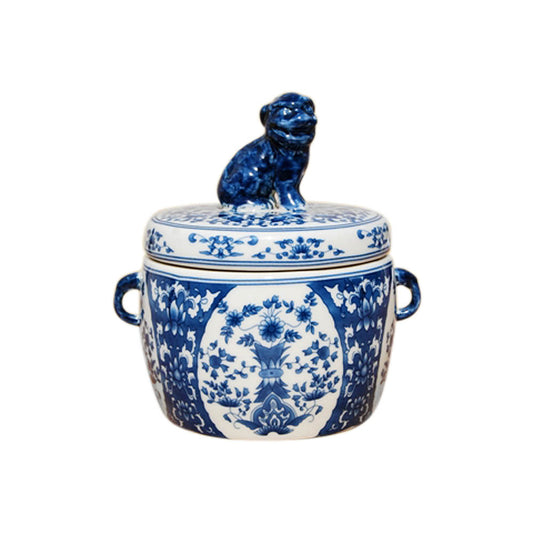Cute Blue and White Floral Motif Porcelain Canister Foo Dog Top 7"