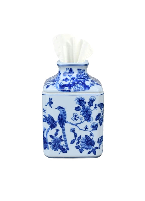 Blue and White Floral Bird Porcelain Tissue Box Holder 8"