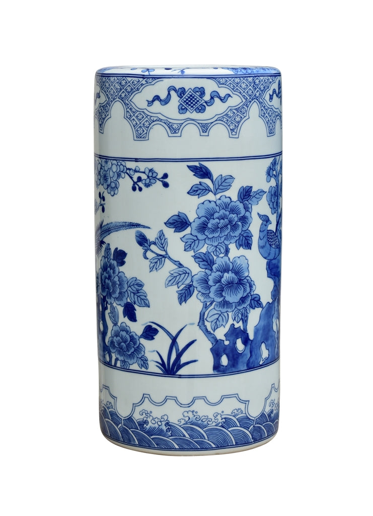 Beautiful Oriental Blue and White Porcelain Umbrella Stand Bird Motif 18"