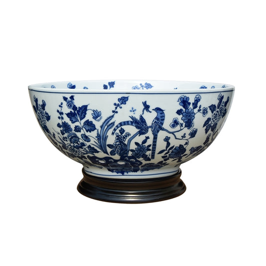Blue and White Floral Bird Motif Bowl 14"