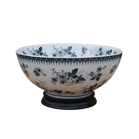 Blue and White Porcelain Floral Bowl 14"