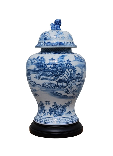 Blue and White Blue Willow Porcelain Temple Jar with Base 15"