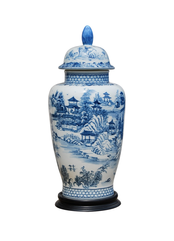 Blue and White Blue Willow Porcelain Temple Jar 16"