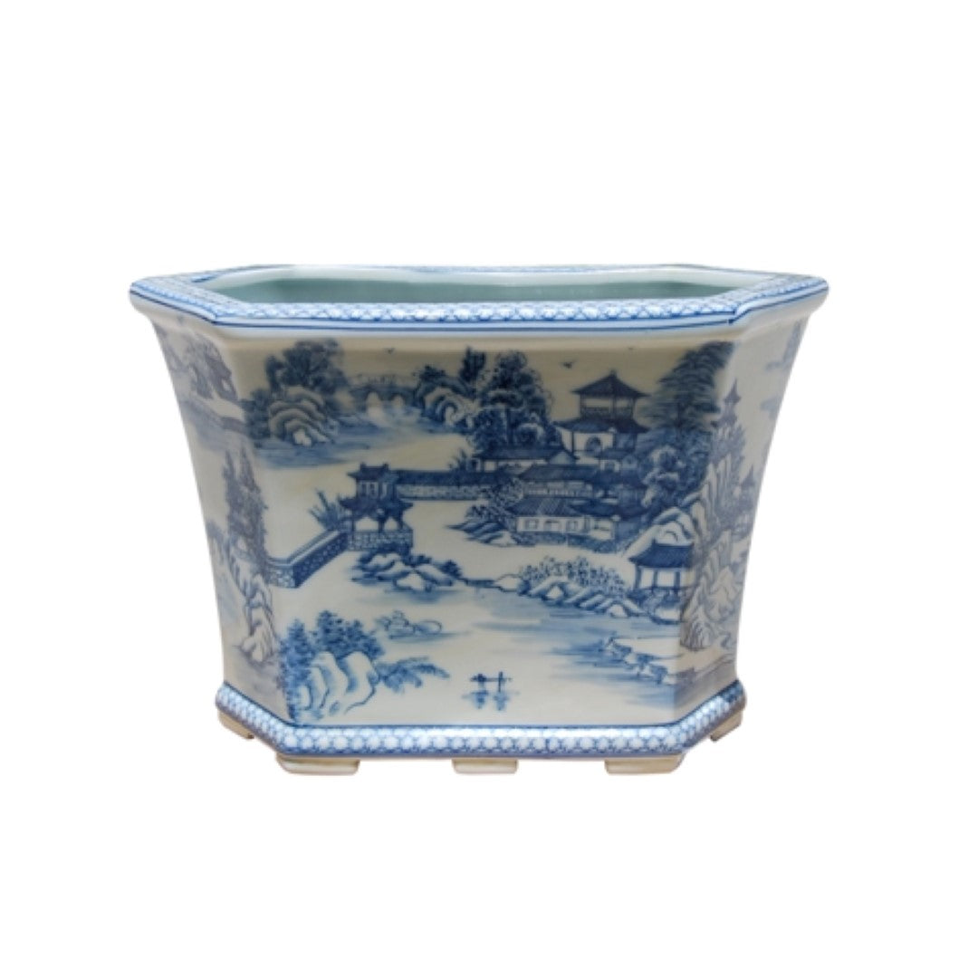 Beautiful Blue and White Blue Willow Landscape Porcelain Hexagonal Pot