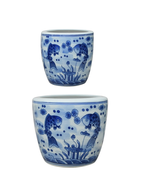 Set of 2 Blue and White Fish Motif Porcelain Cachepot Pot