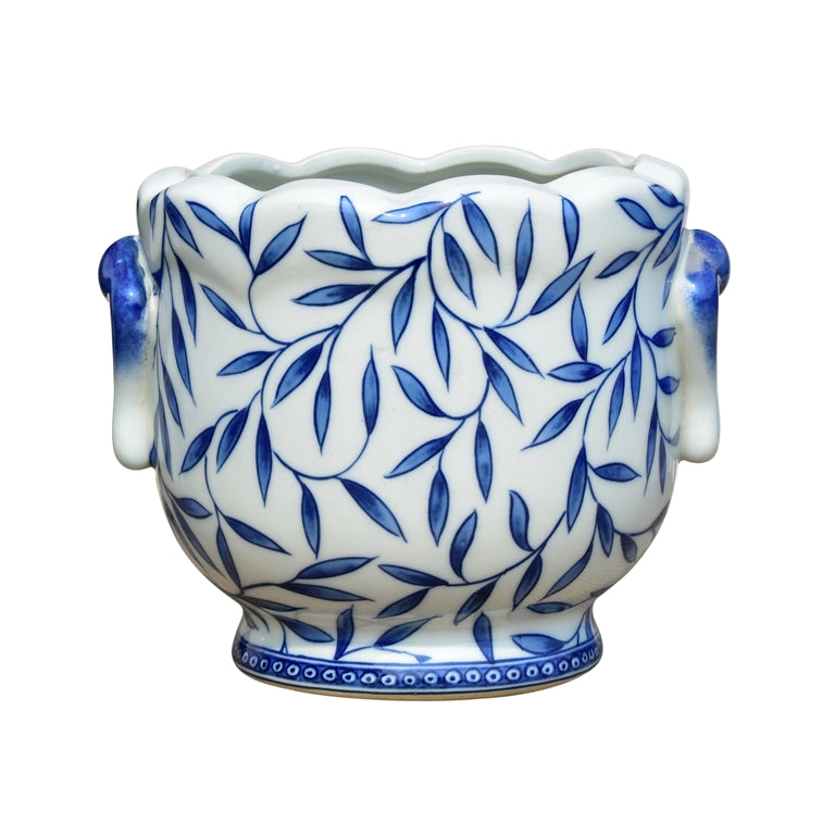 Blue and White Bamboo Leaf Porcelain Cachepot 7"