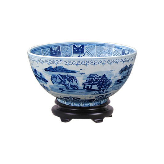 Chinese Blue and White Blue Willow Porcelain Bowl w Base 12" Diameter