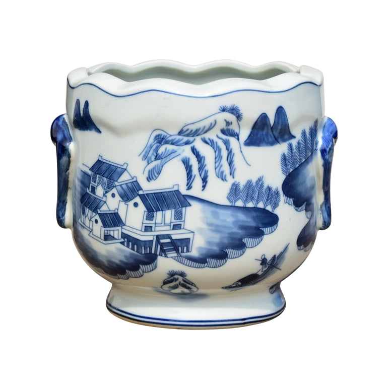 Blue and White Landscape Cachepot 7"