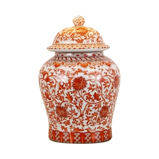 Beautiful Orange/Coral And White Porcelain Chinoiserie Temple Jar 13"