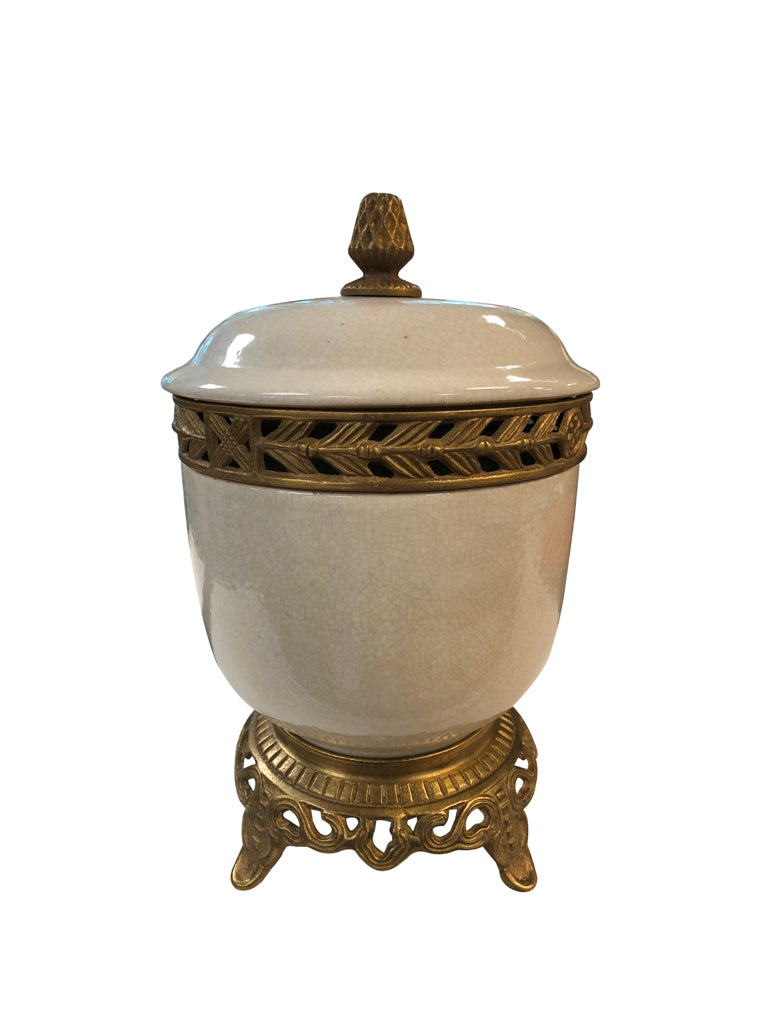 Round Grey Crackle Porcelain Jar with Ormolu Brass Accents 8"