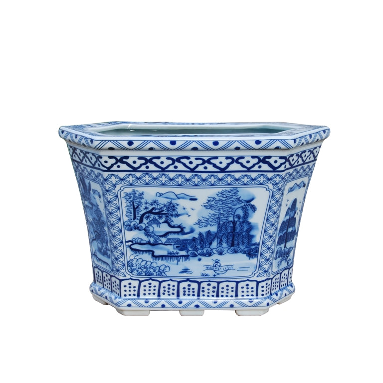 asian planter pot Beautiful Oriental Blue and White Blue Willow Hexagonal Porcelain Pot