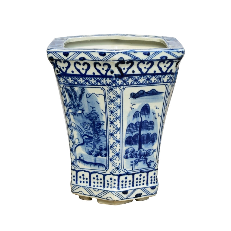 Beautiful Oriental Blue and White Blue Willow Hexagonal Porcelain Pot