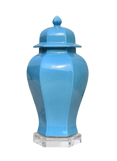 Sky Blue Hexagonal Porcelain Temple Jar with Crystal Base