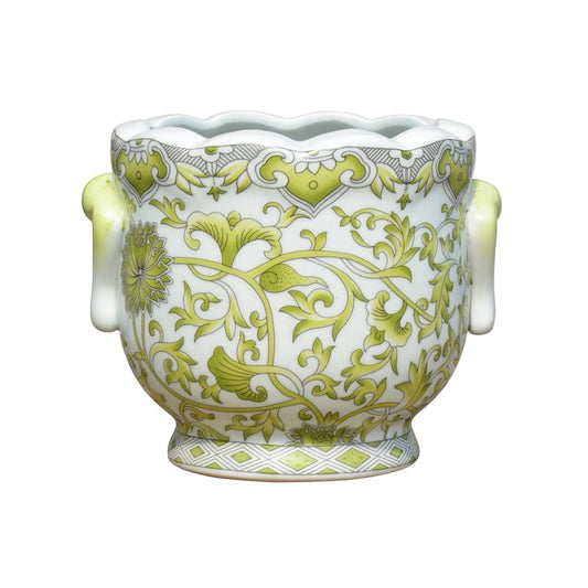 Green and White Twisted Lotus Porcelain Cachepot 7"