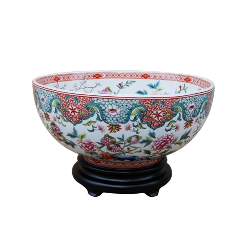 Oriental Floral Motif Porcelain Bowl 14" with Base